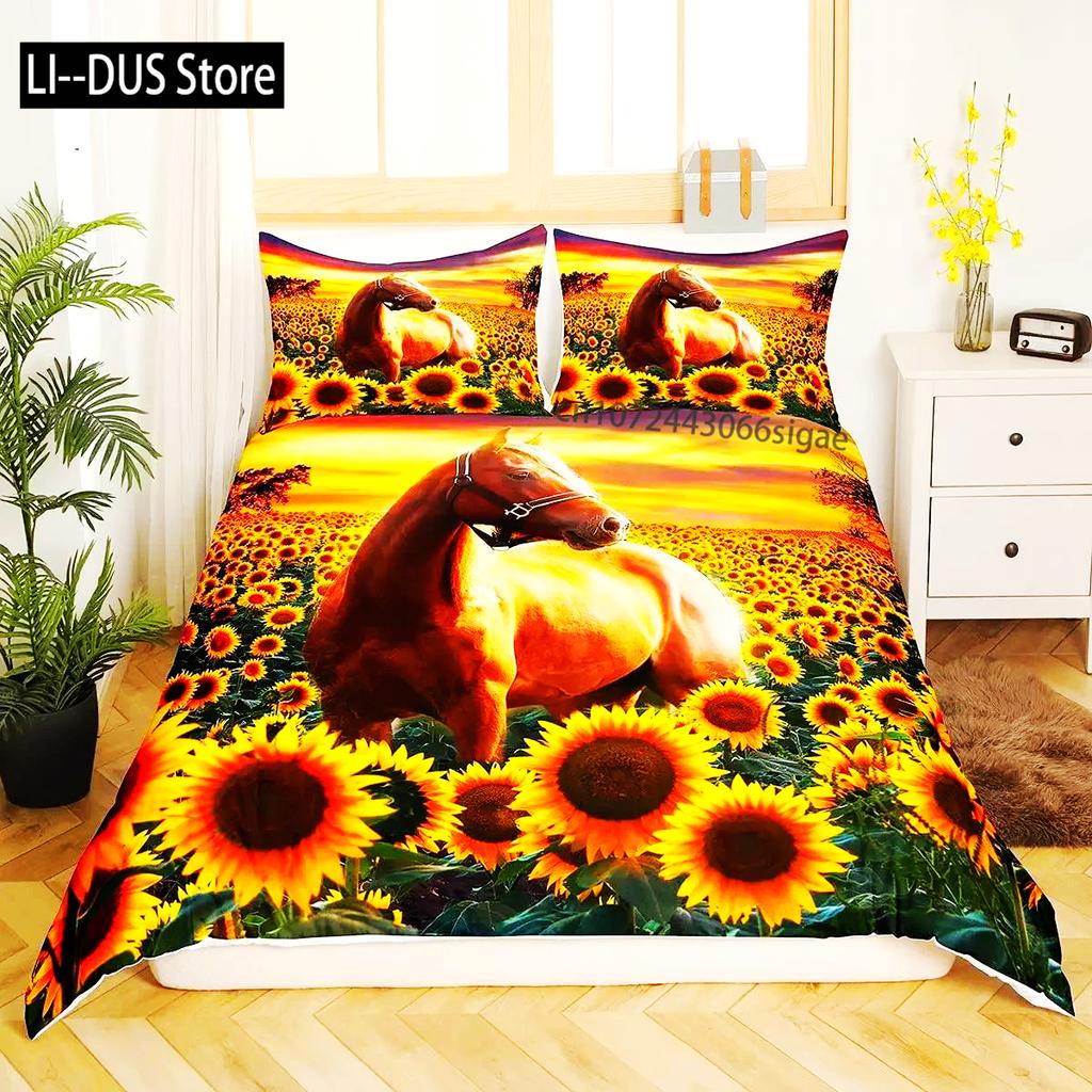 Comforter Horse Animal Bedding Set For Boys Teens Western Cowboy Sunset Scenery Double Queen King Size Polyester Qulit