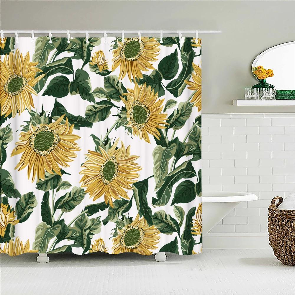 

Flowers Birds Bath Curtain Waterproof Fabric Shower Curtains Floral Leaves Printing Bathroom Screen Landscape Home Decorations W90xH180cm