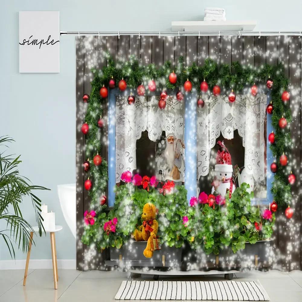 Merry Christmas Shower Curtain Winter Window Scene Snowman Holiday Gift New Year Home Bathroom Decor With Hook Screen Washable