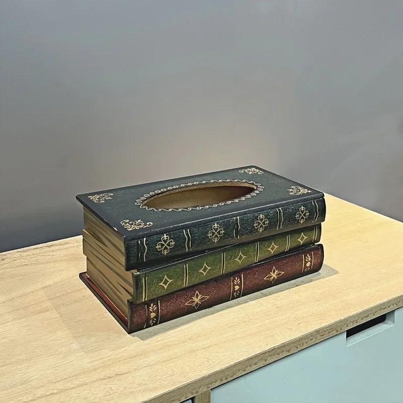 Exquisite Classical Vintage Wooden Book Tissue Box, Rectangular Napkin Holder Dispenser, Restaurant Tissue Storage Box Ornament