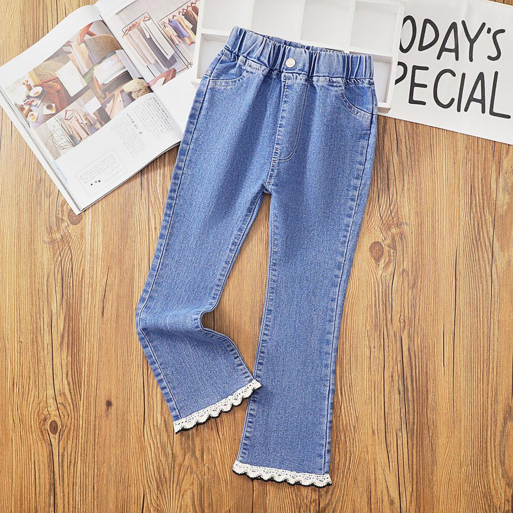 Girls' Spring and Autumn Fresh Casual Jeans Lace Pearl Loose Flare Pants