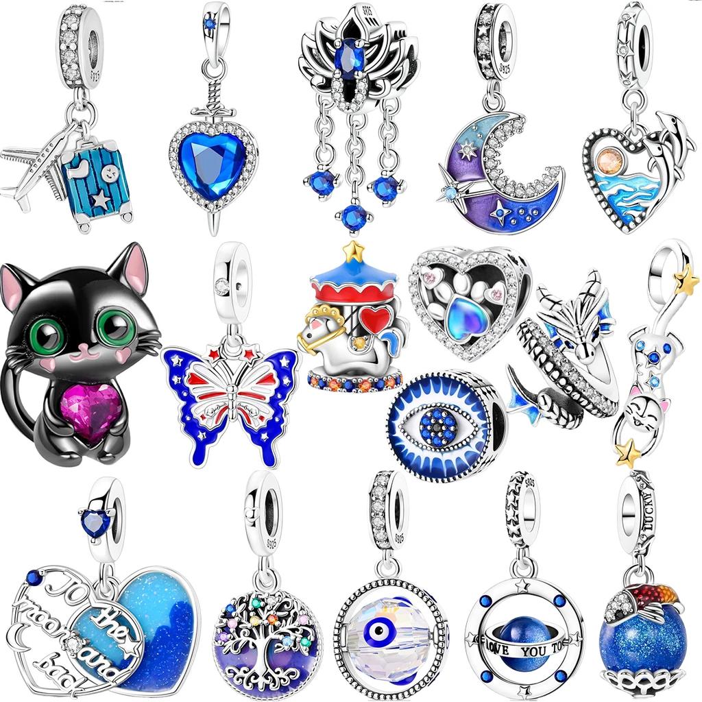 Authentic Copper Blue Charm Bead Charms Heart Butterfly Moon Flower Tree Cat Bead Charms for Necklaces Do It Yourself Bracelets Present Jewellery