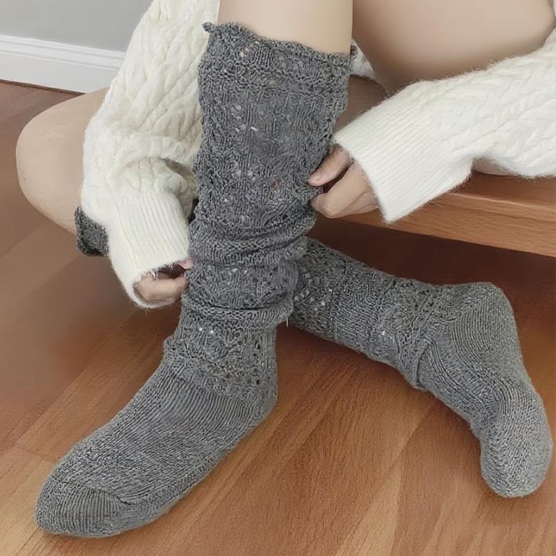 1 Pair Stockings Autumn Thigh High Stocking Harajuku Hollow Vintage Calf Sock Winter Knitting Cotton Long Socks Fashion Woman