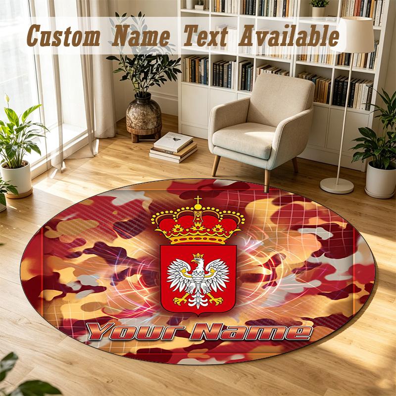 Round Rug Custom NamePoland Football Pattern Non Slip Carpet Home Floor Decor