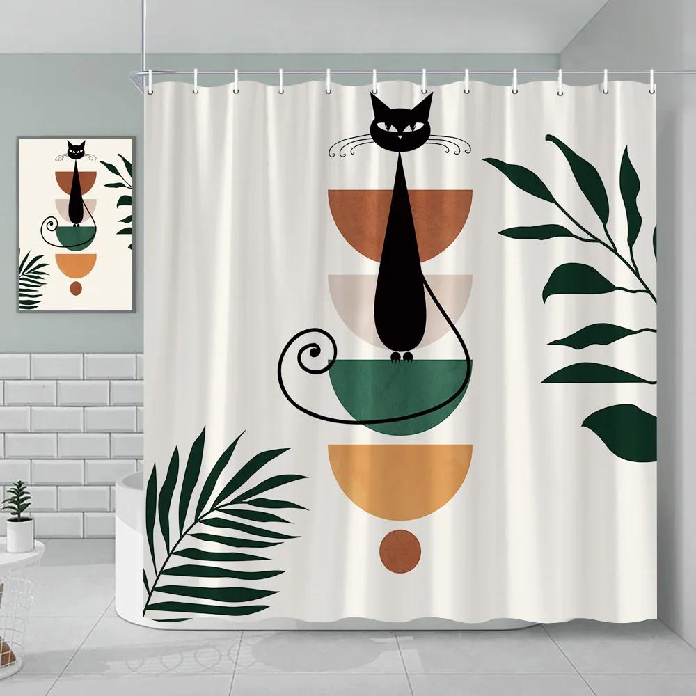 Bohemian Shower Curtain Cat Romantic Mid Century Modern Minimalist Abstract Lines Geometric Tropical Plants Bathroom Decoration