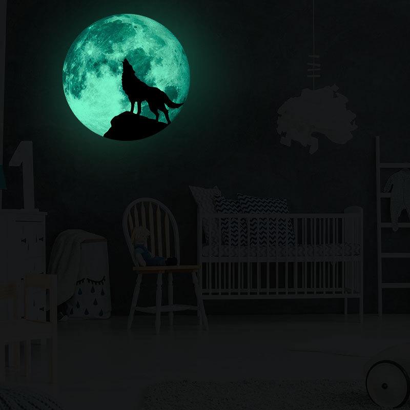 Kreativní měsíční samolepka na zeď svítící ve tmě Halloweenská dekorace Fluorescenční zářící vlk Samolepicí nástěnná nálepka