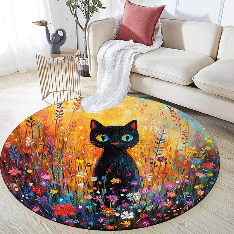 Black Cat in Flowers Round Area Rug,Carpet Rug for Living Room Bedroom Sofa Playroom Decor,Non-slip Floor Mat