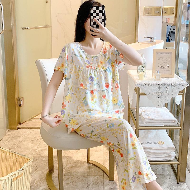 Short-sleeved Trousers Cotton and Silk Pajamas Women's Summer Thin Suit Japanese Sweet Anti-bumps Can Be Worn Outside Cotton Silk Loungewear