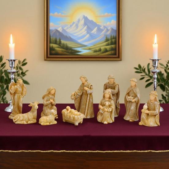 Yousheng Nativity Scene Set for Christmas Indoor Decor 10 Piece Resin Nativity Figurine with Manger Angel Christian Holy Family Figures Tabletop