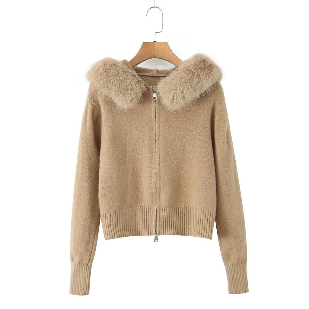 French-Style Faux Fur Collar Zipper Cardigan - Women's Autumn/Winter Sweater