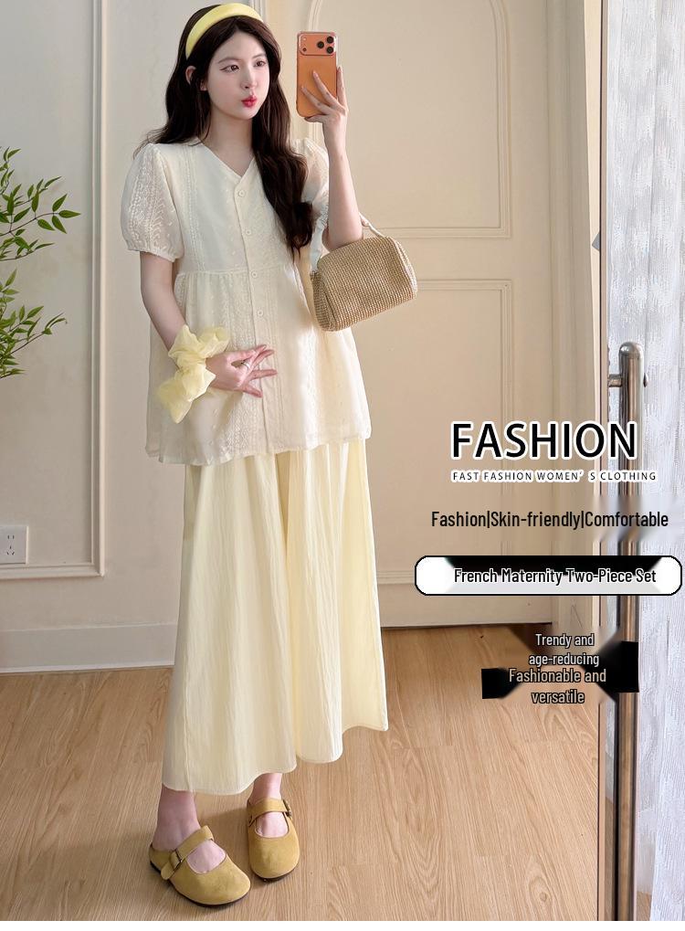 Trendy Maternity Summer Two-Piece Set: Chic and Loose Coco Style Shirt & Shorts