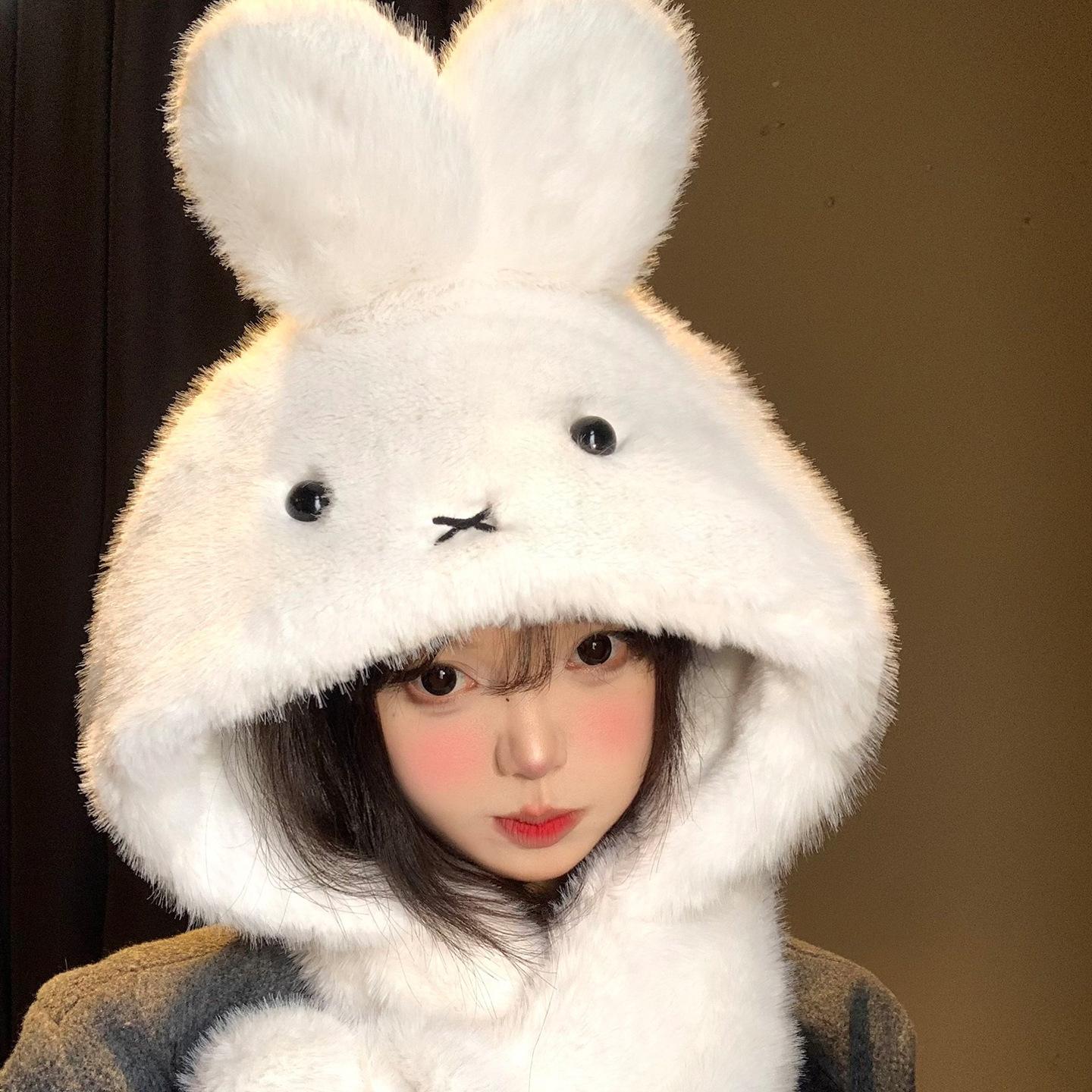 

Cute White Miffy Rabbit Plush Hat Scarf Integrated Women s Winter Plush Thickened Warm Ear Protector Lei Feng Hat One size fits all