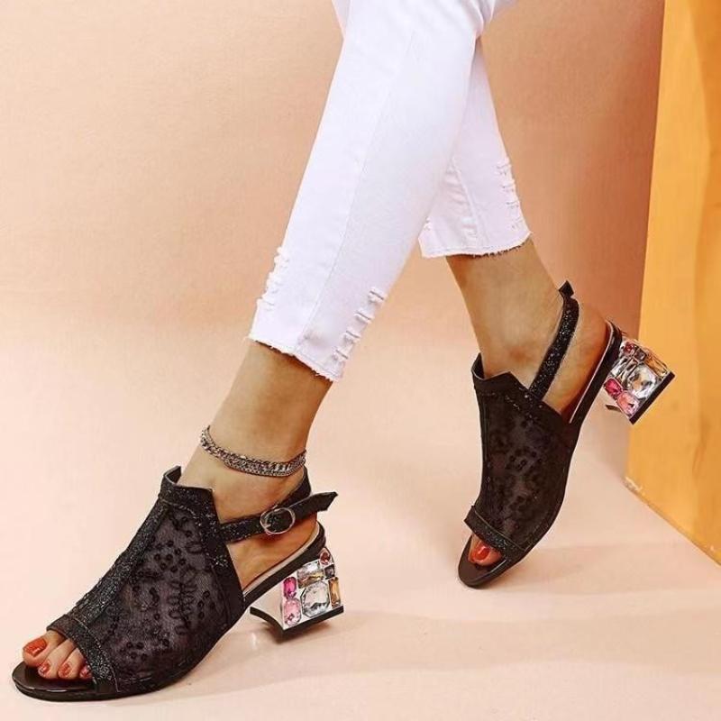 2025 New Women Summer Fashion Mid Heels Peep Toe Shoes for Women Glitter Sandals Ladies Buckle Strap Bling  Rhinestone Sandals