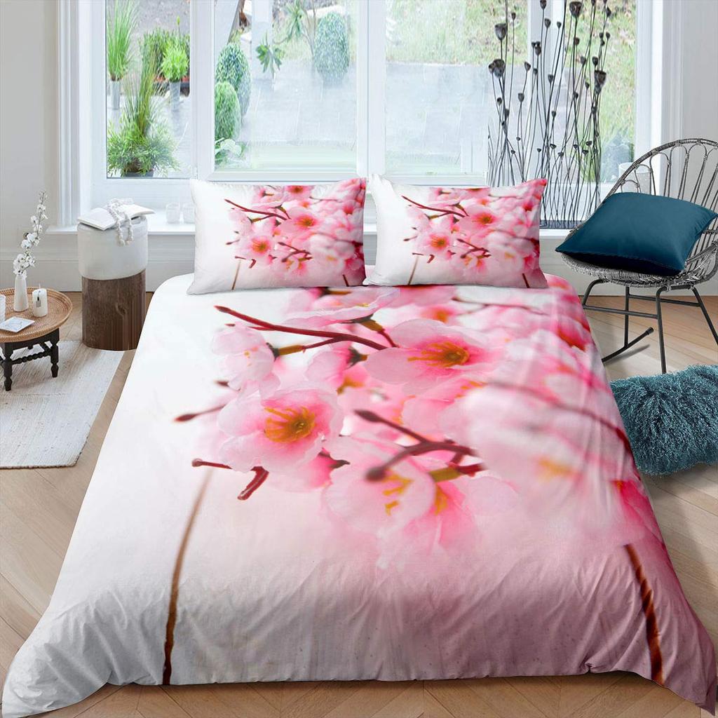 Peach Blossom Duvet Cover Set King Size Microfiber Pink Floral Bedding For Teens Women Twin Comforter Cover