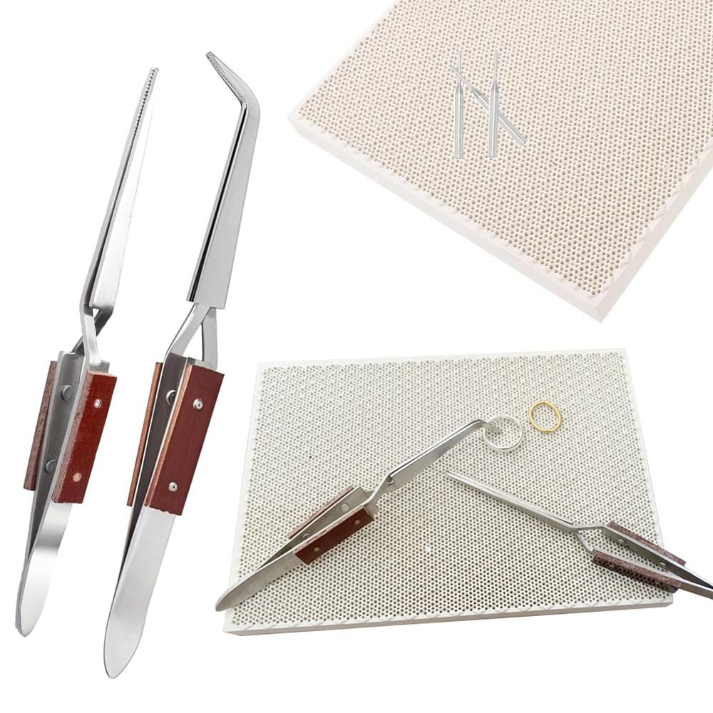 Ceramic Honeycomb Soldering Plate Reverse Tweezers Heat Resistant Pad Includes Ceramic Casserole for Jewelry Making Jewelry Soldering Kit
