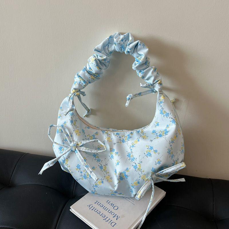 Ditsy Floral Bow Women Crossbody Shoulder Bag,Pleated Canvas Underarm Tote Bag,Petite Floral Print Sweet Handbag,Large Capacity