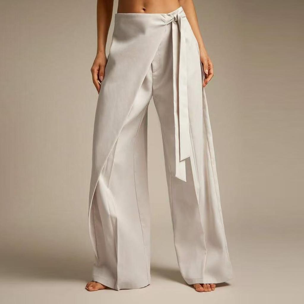 Women Casual Wide Leg Pants with Draped Overlay and Waist Tie Elegant Loose Fit Lightweight Fabric Suitable for Office and Daily Wear