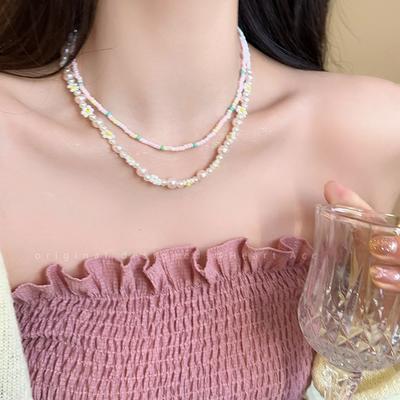 2pcs/Set Summer Beach Bohemia Colorful Beads Necklace for Women Girls Flower Pearl Necklaces Handmade Holiday Jewelry Gifts