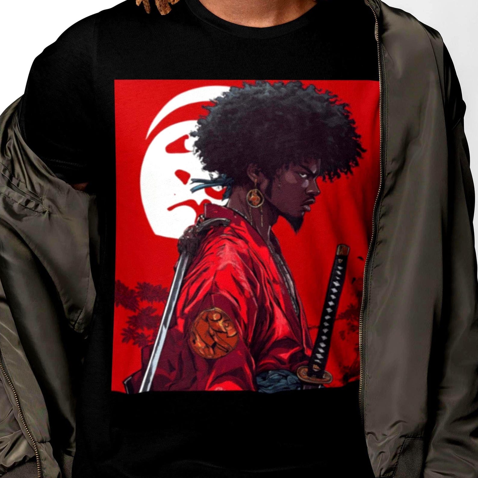 Black Samurai T-Shirt, Afro Warrior Katana Art, Bella+Canvas Tee 2XL