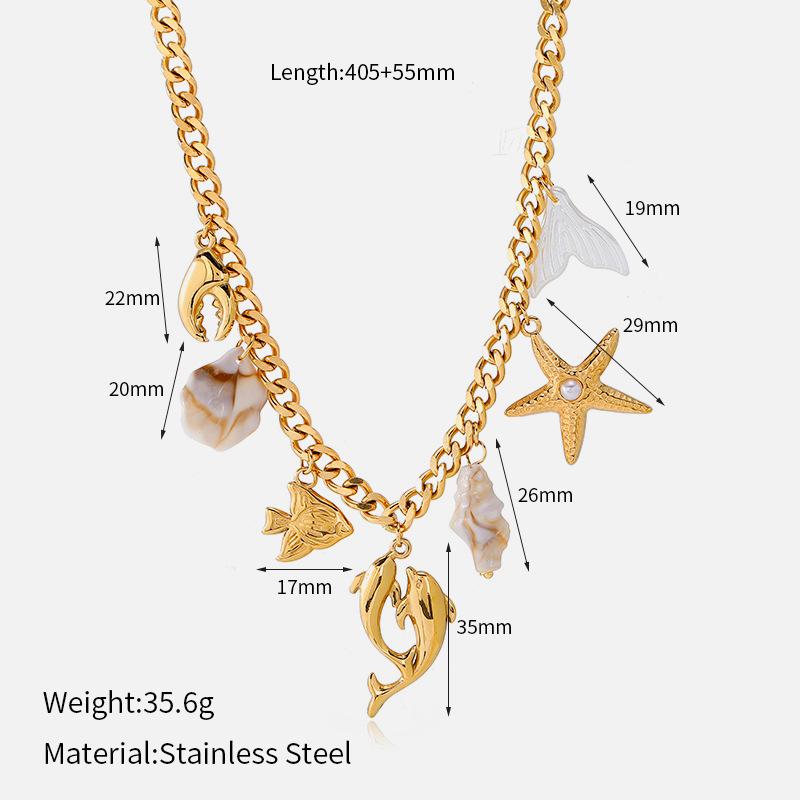High-end light luxury ocean-style gold chain necklace for women, multiple pendants, shells, starfish, and bear fashion accessories