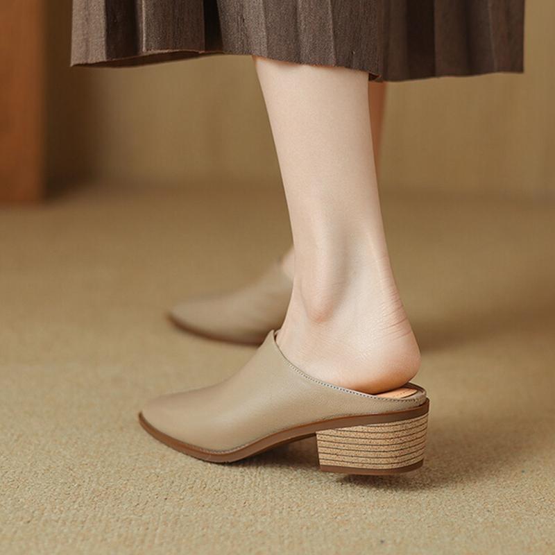 Fashion NEW Summer Women Mules Genuine Leather Shoes for Women Cover Toe Chunky Heel Slippers Pointed Toe Slingback Designer Sandals