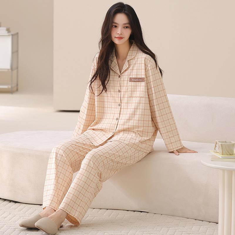 Couple pajamas pure cotton long-sleeved spring and autumn women's simple casual men's comfortable cardigan cotton loungewear set