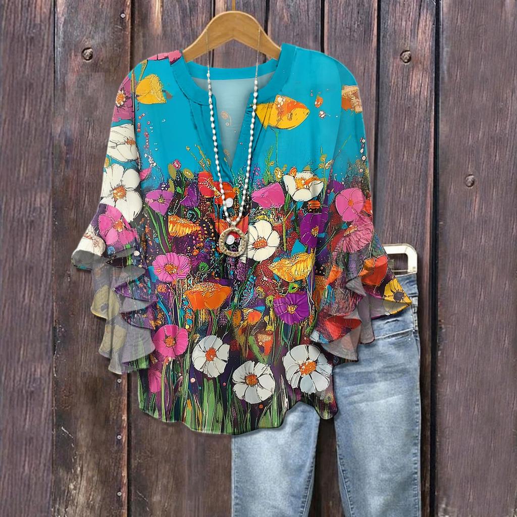 Summer Tops For Women Cute V Neck 3/4 Sleeve Blouses Floral Print Top Casual Shirts