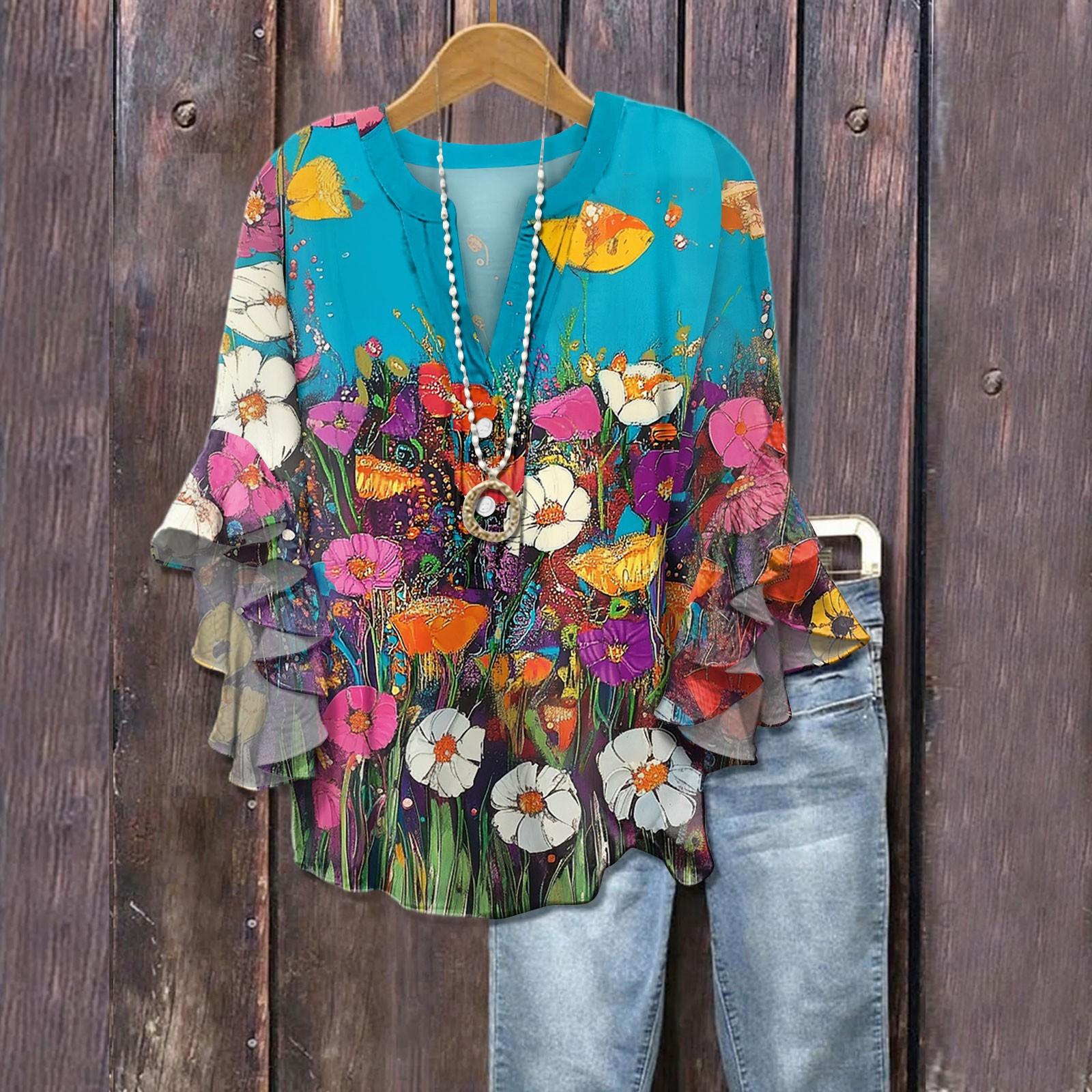 

Летние топы для женщин, симпатичные блузки с V-образным вырезом и рукавом 3/4, повседневные рубашки с цветочным принтом L