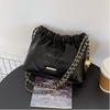 Soft Leather Large Capacity Fashionable Pleated Chain Shoulder Bag Summer New Western-style Leisure Bag Drawstring Crossbody Bag