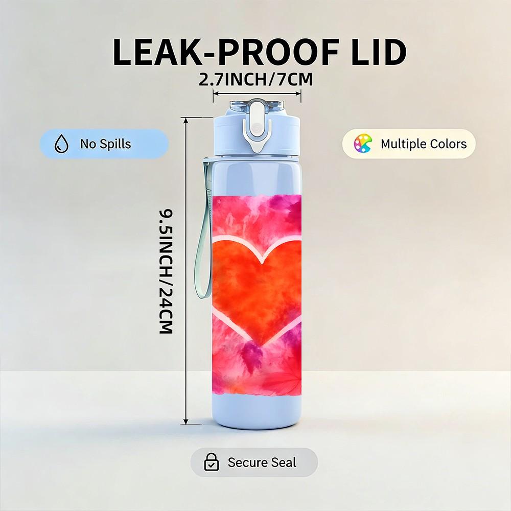 1PC Red Orange Glowing Heart Shape Print 750ml Color Plastic Sports Water Bottle Leakproof Flip Straw Lid Suitable for Sports Office Home Use