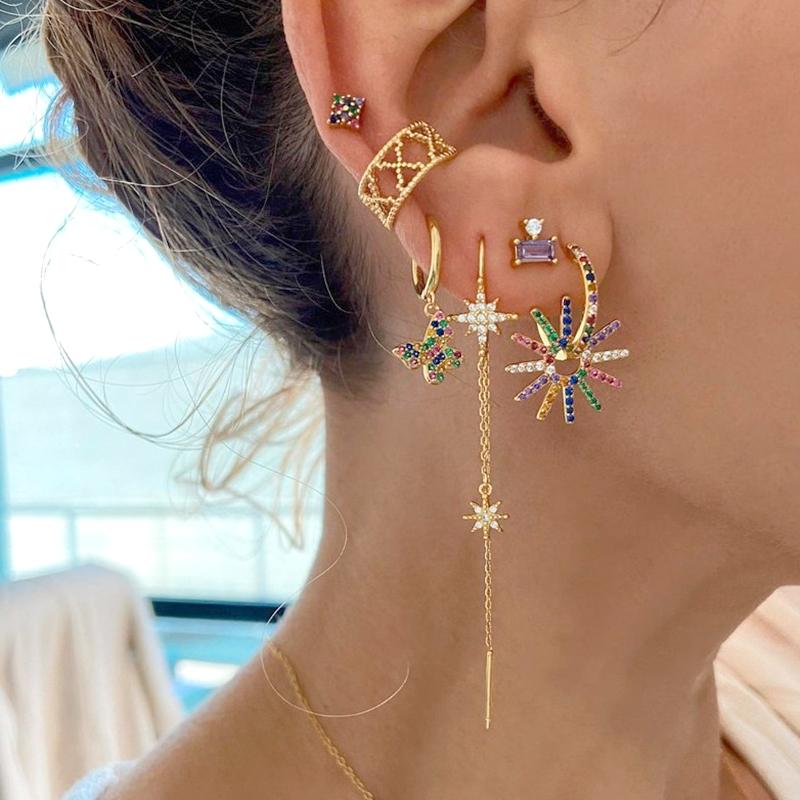 925 Silver Ear Buckles Fashion Hoop Earrings Colorful Crystal Pendants Gold Earring Premium Luxury Women's Jewelry Gift