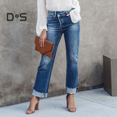 Kadın Pantolon Düğmeli Fermuarlı Düz Kesim Tasarım Cepli Denim Pantolon İşe Gidiş Stili Yıkamalı Kot