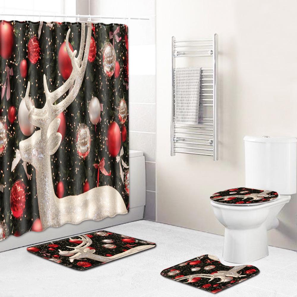 Christmas Shower Curtain Floor Mat Combination Four-Piece Set Bathroom Toilet Carpet Shower Room Mat Foot Mat