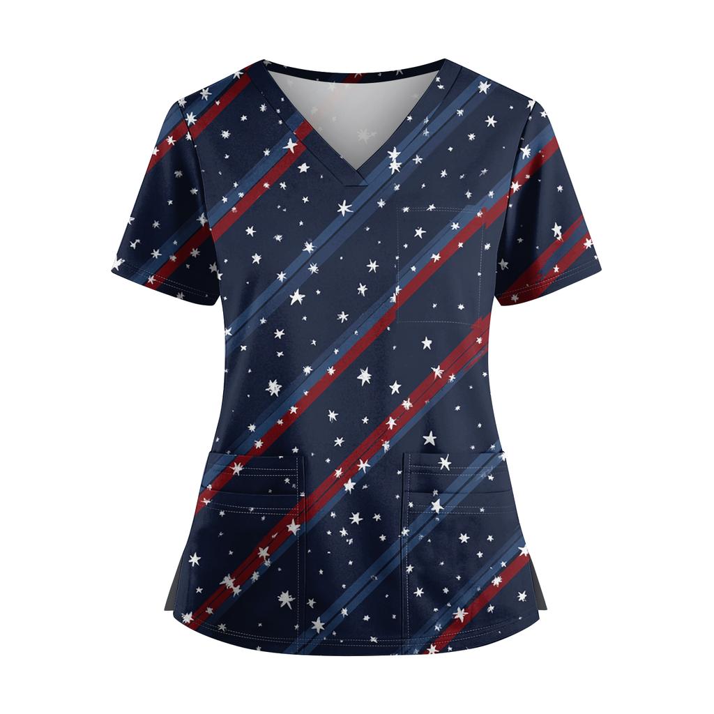 Women's Independence Day Print V-Neck Double Pocket Short Sleeve Uniform with Slit Hem - Caregiver Top