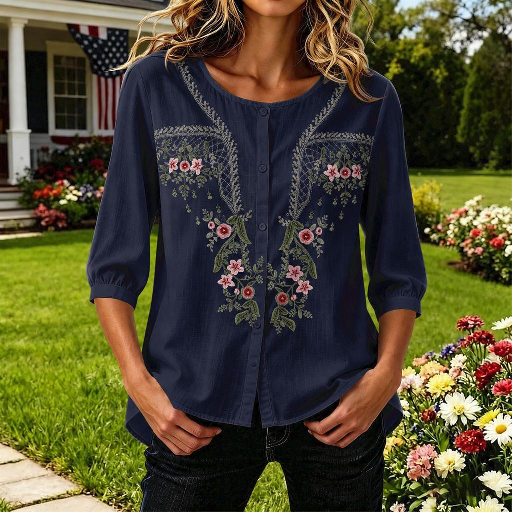 Women's Artistic Loose Fit Embroidered Mid Sleeve Blouse for Tea and Daily Wear