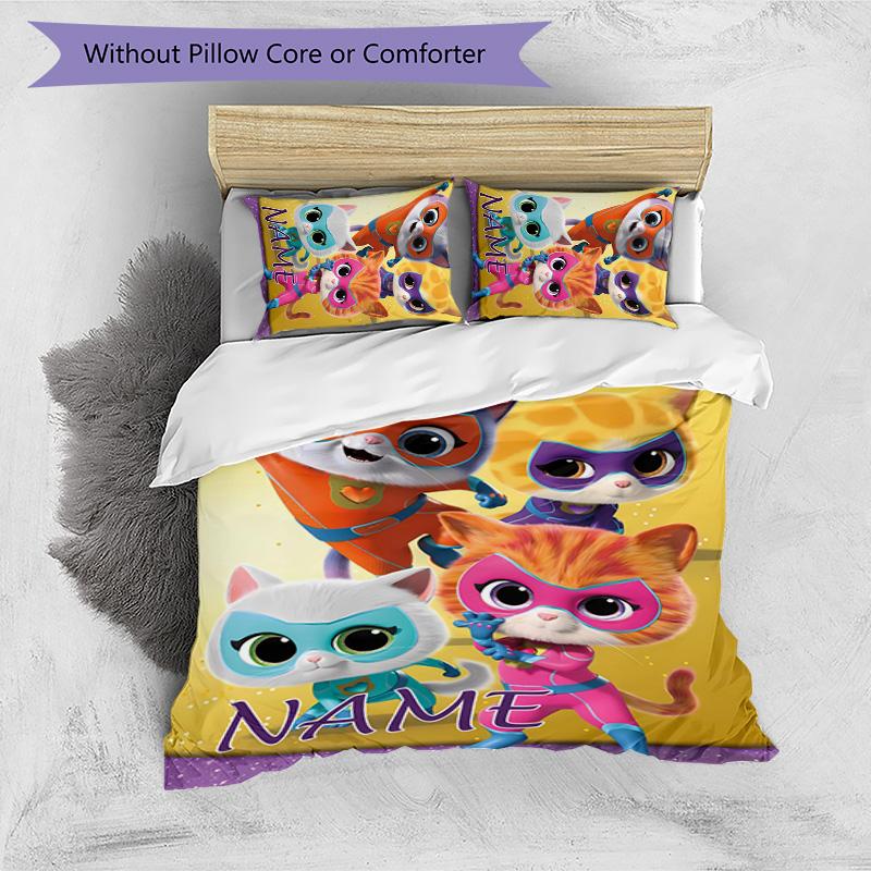 3pcs Super Kitties Adventures1 Cover Set - Personalized Name, HD Printed Bedding with 1 Cover and 2 Pillowcases - Perfect for Home Decor, Easy C