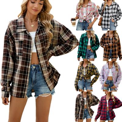 2024 Autumn And Winter New Style Lapel Long Sleeved Pocket Button Checkered Shirt Top For Women