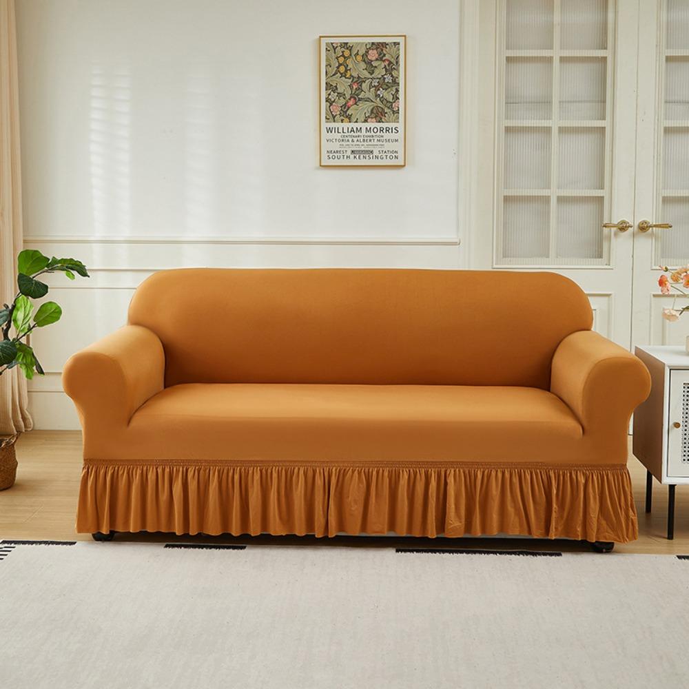 Elastic Solid Color Sofa Cover Full Protection Slip Resistant Minimalist Skirted Design