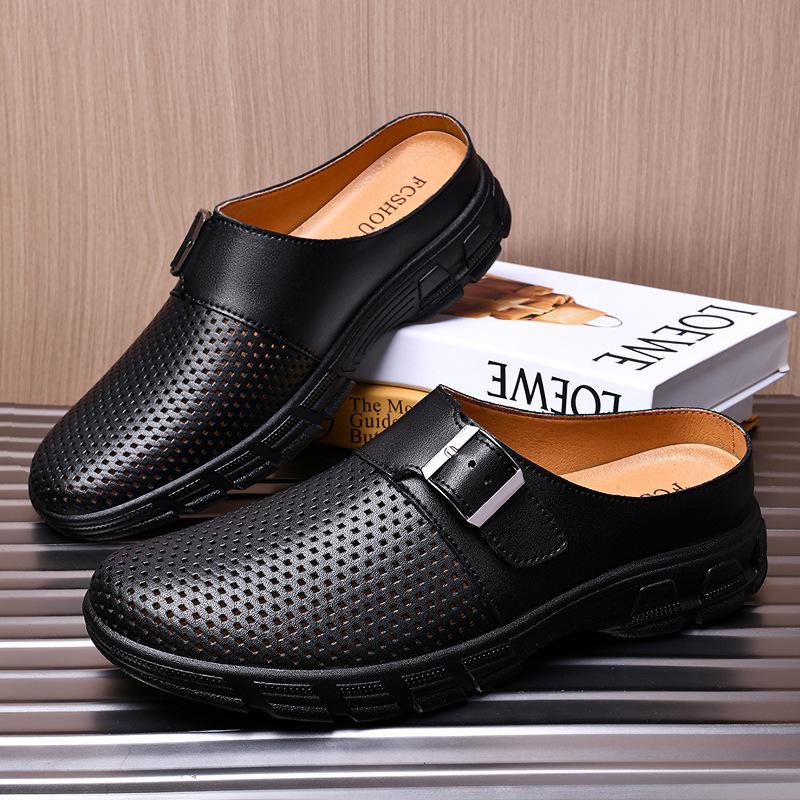Men's Breathable Leather Slip-On Mules: Closed-Toe, Thick-Sole, Non-Slip Casual Shoes