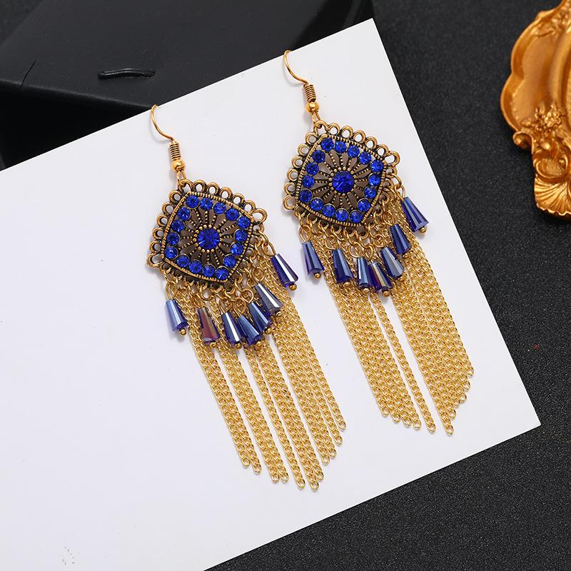 Vintage court ancient gold long fringed earrings women's bohemian ethnic style earrings vacation travel photography temperament earrings