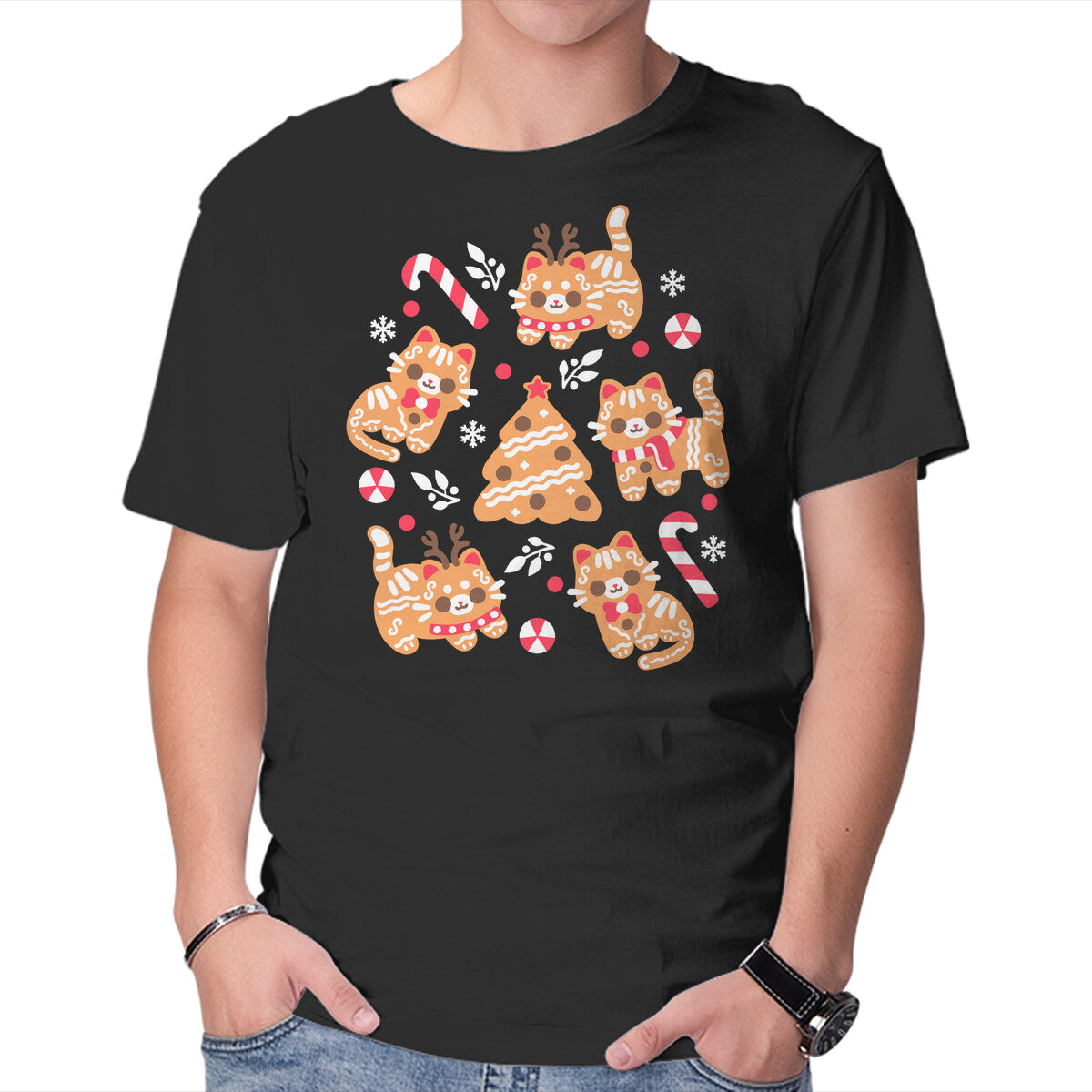 Unisex Crew Neck T-Shirt Gingerbread Cats Graphic Short Sleeve Casual Tee XXXL