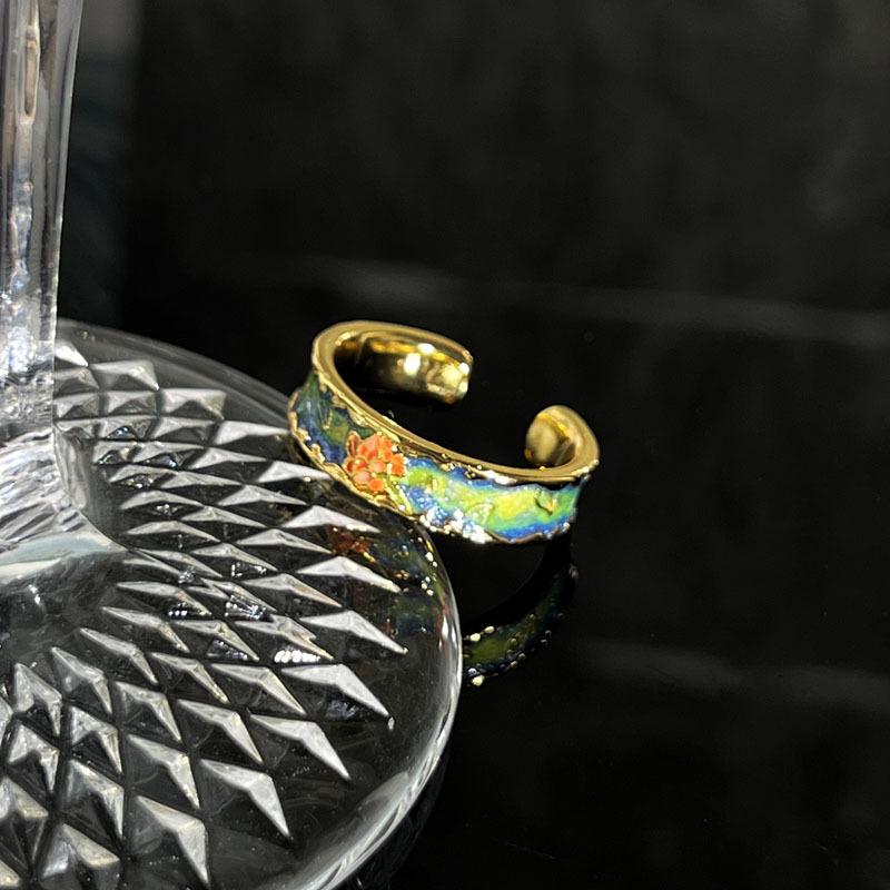 Medieval Style Colored Enamel Butterfly Flower Golden Light Color Open Ring Women's Fashion Niche Temperament Light Luxury Ring