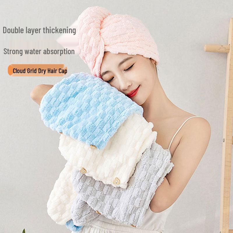 Double-Layer Cloud Grid Hair Drying Cap - Super Absorbent Coral Fleece Head Wrap. Single Layer 25x65 cm