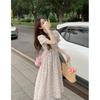 Floral square neck dress women's summer new sweet waist and thin medium and long super fairy first love skirt