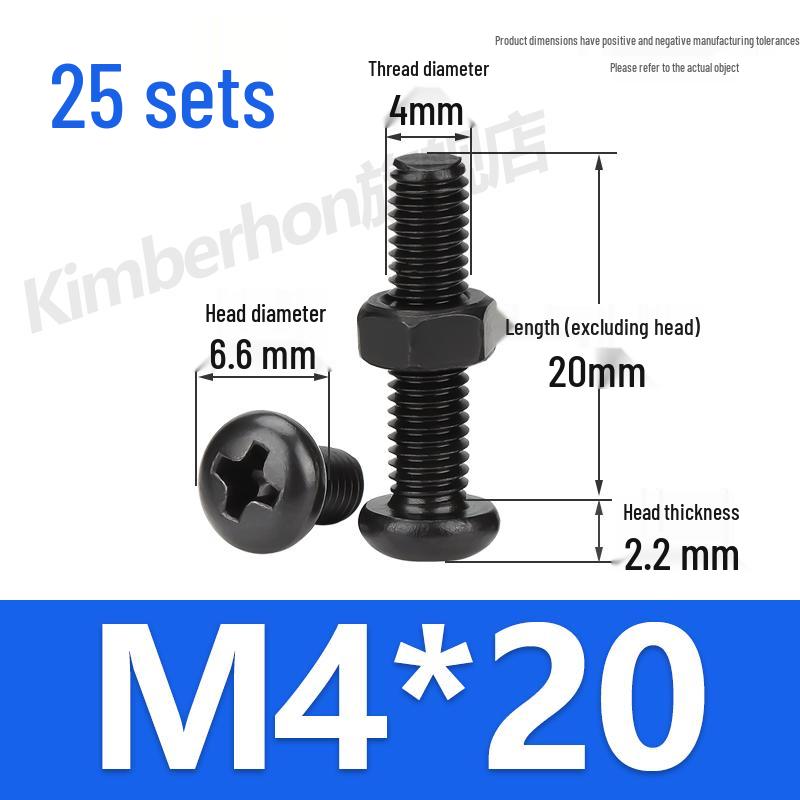 Complete Set of Black 304 Stainless Steel Phillips Round Head Screws and Nuts - M2M3M4M5M6MM.