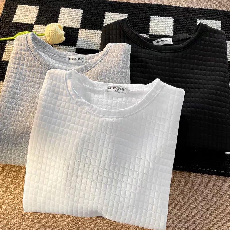 

Футболка с коротким рукавом с вафельной вышивкой, мужские летние корейские повседневные футболки, мужская приталенная футболка с принтом в гонконгском стиле, ретро, ​​круглый вырез