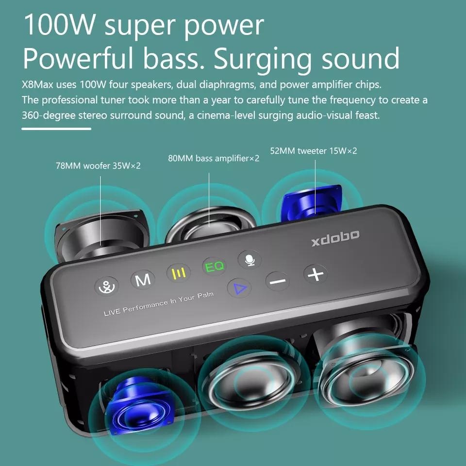 XDOBO X8 Max 100 W Vonkajší prenosný stolný prenosný stolný reproduktor s vysokým výkonom Bluetooth Mobilné nabíjanie Vodotesný počítačový subwoofer TWS