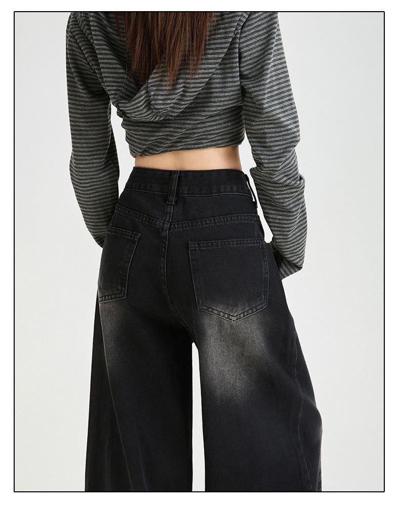 Dámské retro černé a šedé džíny se širokými nohavicemi s designem puku pro podzim 2025