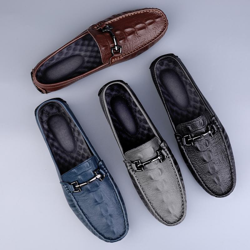 Crocodile Pattern Mens Leisure Walk Shoes Loafers Genuine Leather Casual Shoes Handmade Moccasins Men Comfortable Driving Shoes