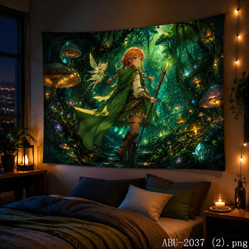 Forest Girl Cute Cartoon Aesthetic Tapestry Cure Landscape Cartoon Wall Hanging Anime Bedroom Dormitory Home Decoration